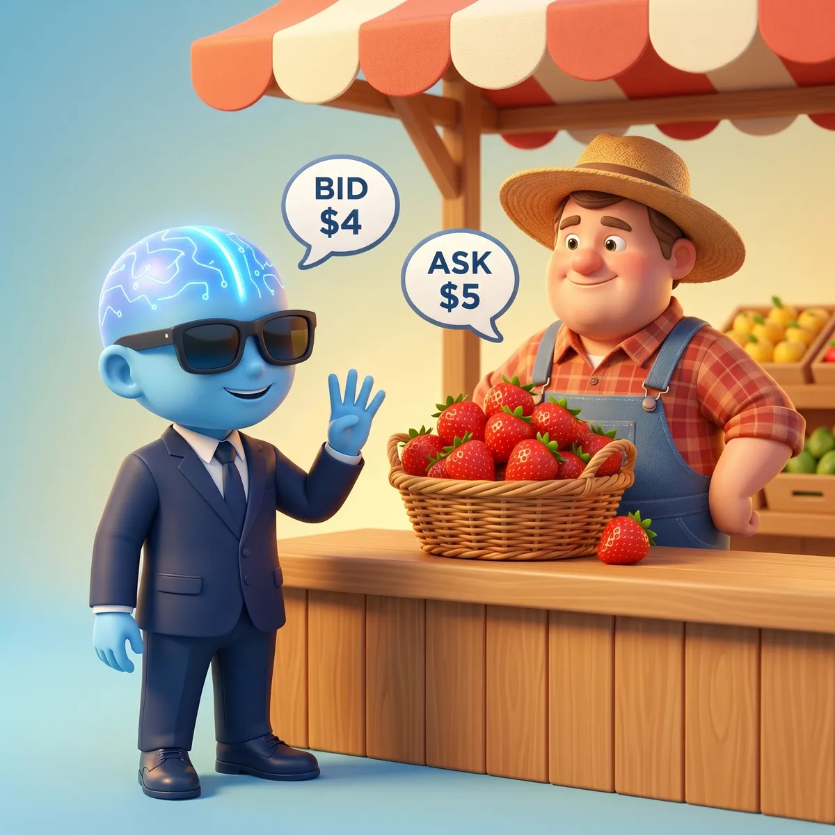 A vendor’s ask price and a buyer’s bid at a market