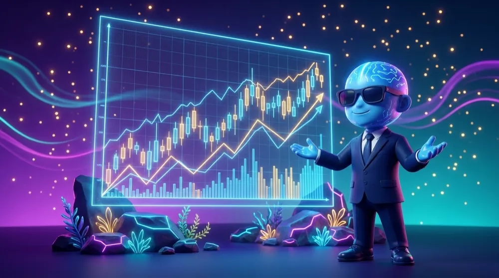 The blue AI Mentor in a navy suit gestures at a giant glowing price chart on Chart Cove, welcoming the reader