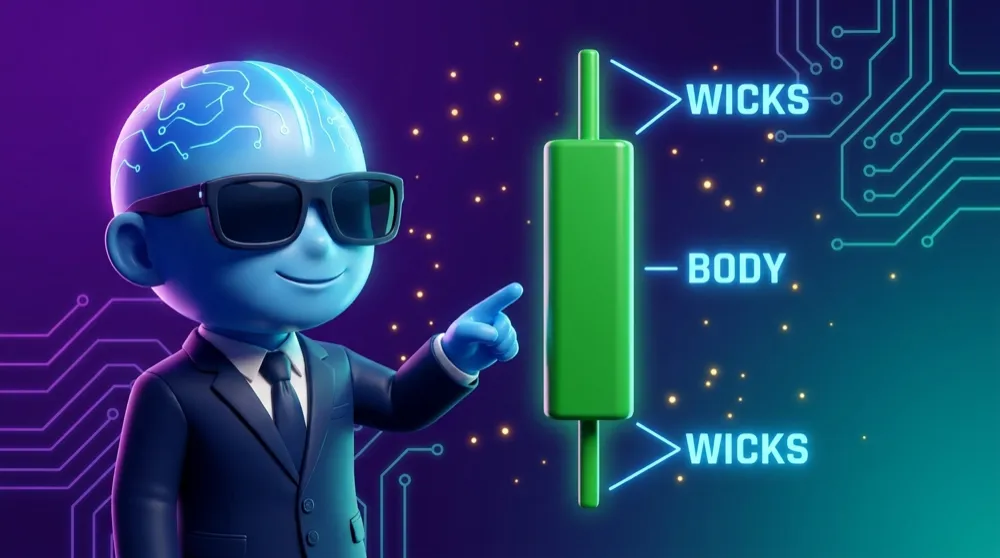 The blue AI Mentor in a navy suit points to a giant green candlestick, labelling its body and the thin wicks above and below