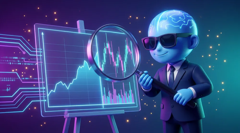 The blue AI Mentor in a navy suit slides a magnifying glass across the same chart, zooming from a calm daily view into a jagged one-minute view