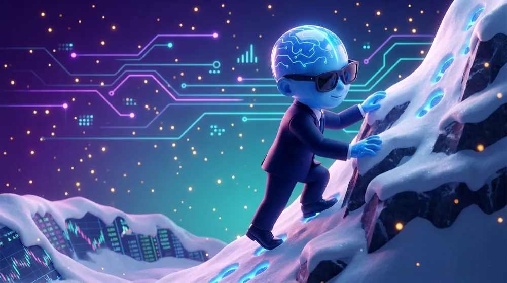 The blue AI Mentor in a navy suit follows a trail of glowing footprints climbing up a snowy price chart on Chart Cove