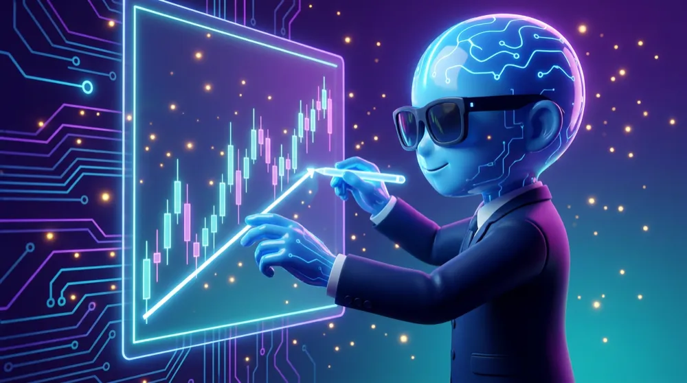 The blue AI Mentor in a navy suit draws a straight diagonal handrail beneath a set of rising price lows on a chart