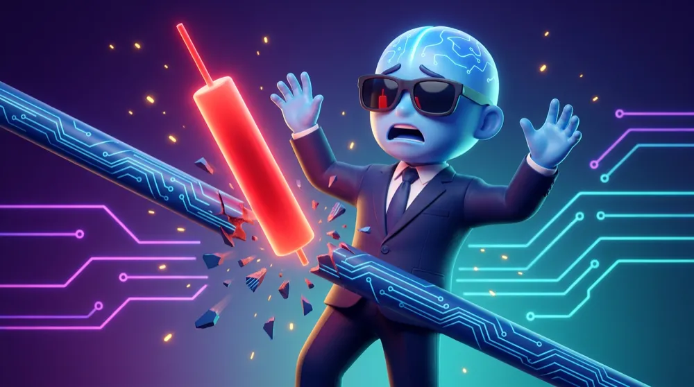 The blue AI Mentor in a navy suit looks alarmed as a red price candle smashes down through the diagonal trendline handrail