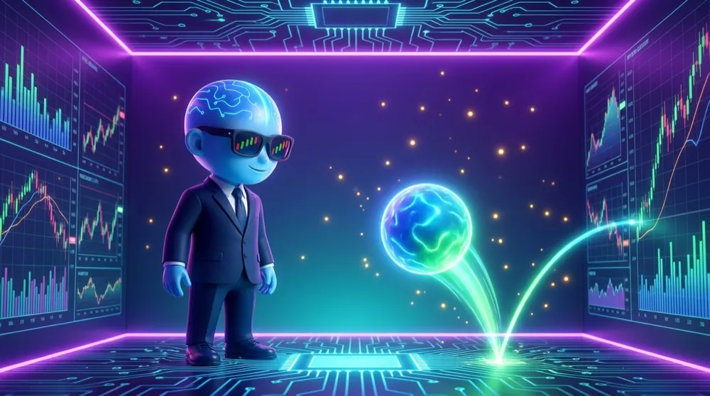 The blue AI Mentor in a navy suit watches a glowing price ball bounce between a support floor and a resistance ceiling in a chart-lined room