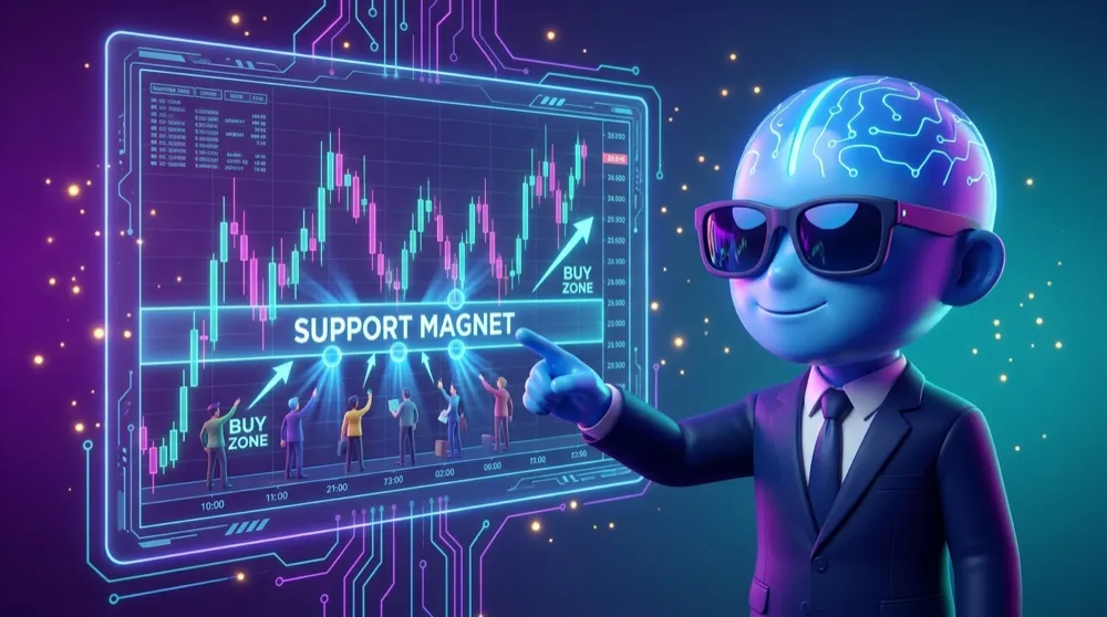 The blue AI Mentor in a navy suit points to glowing memory markers where a crowd of traders bought before, forming a support magnet on the chart