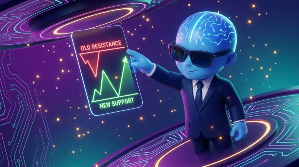 The blue AI Mentor in a navy suit flips a chart level like a card, an old resistance ceiling rotating to become a new support floor as price retests it