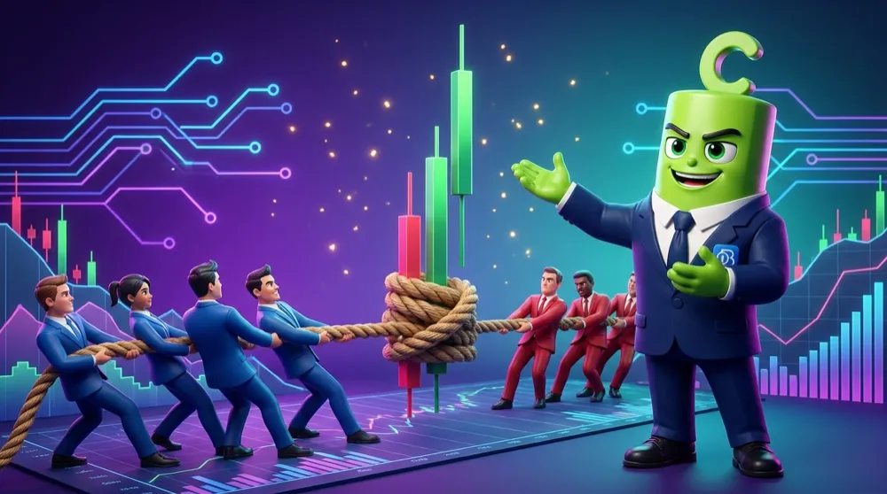Green Call in a navy suit gestures at a giant candlestick shaped like a tug-of-war rope between buyers and sellers on Chart Cove