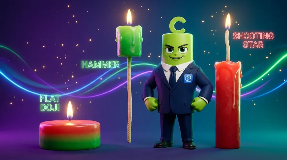 Green Call in a navy suit stands beside three giant labelled candles — a flat doji, a long-tailed hammer, and a top-heavy shooting star