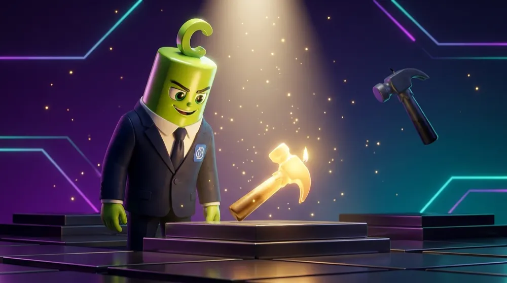 Green Call in a navy suit spotlights a glowing hammer candle resting on a support floor while an identical hammer drifts ignored in empty chart space