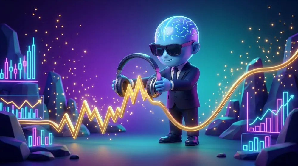 The blue AI Mentor in a navy suit slips noise-cancelling headphones onto a jittery price line, which relaxes into a smooth flowing curve on Chart Cove