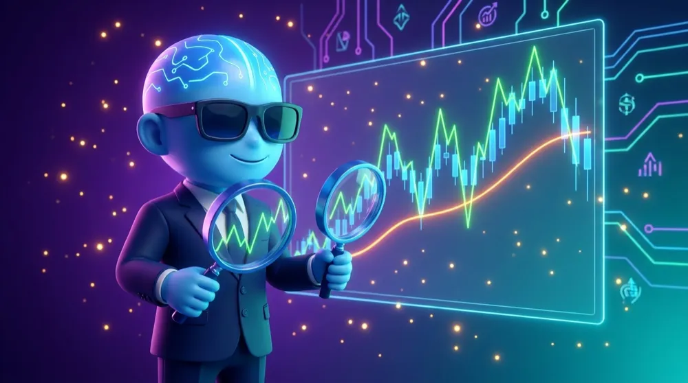 The blue AI Mentor in a navy suit holds two lenses over a chart — a jumpy short average hugging price and a calm long average sweeping through the middle