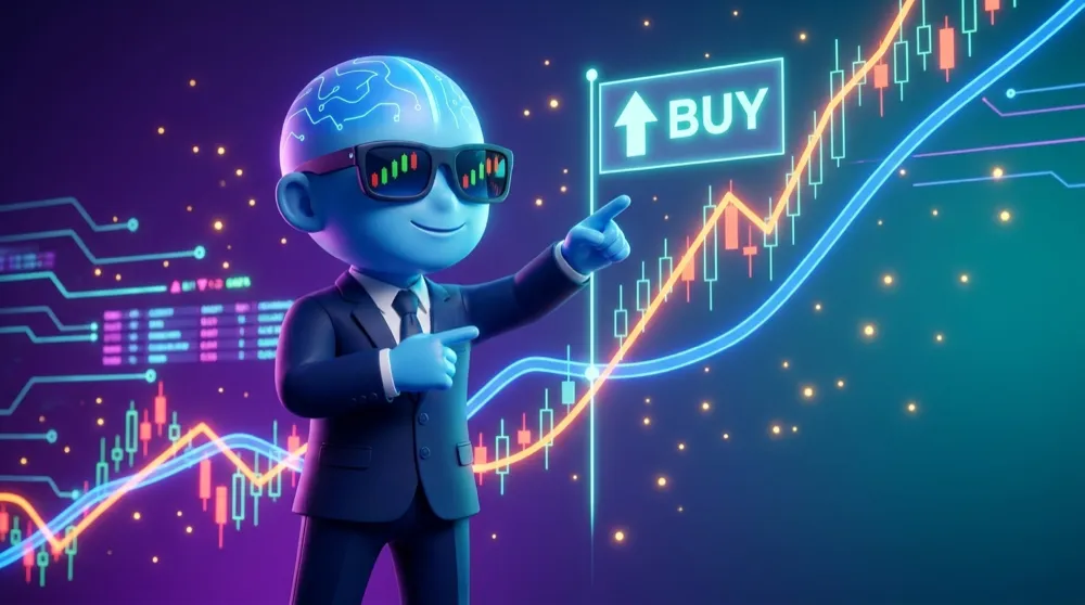 The blue AI Mentor in a navy suit points to the exact spot where a fast average line crosses up through a slow one, a signal flag popping up behind