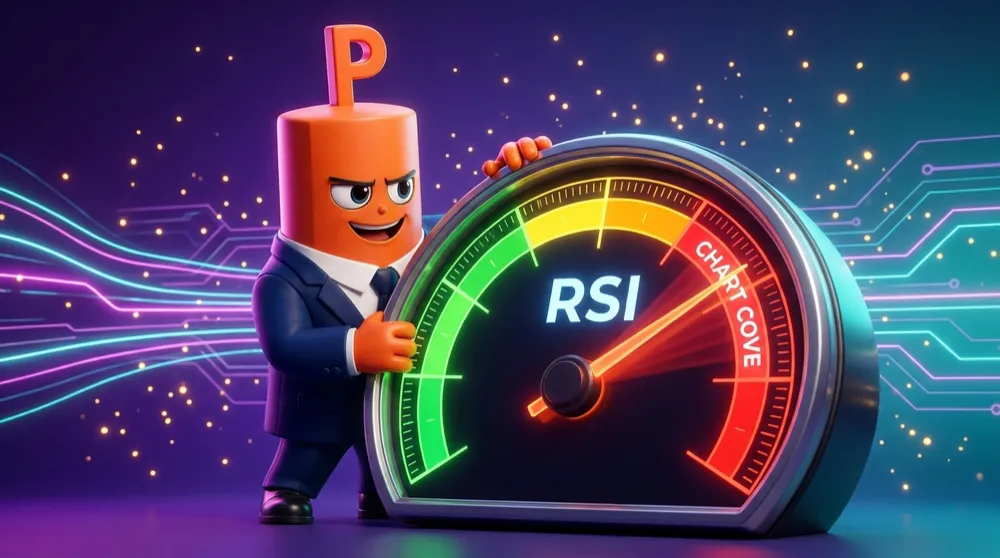 Orange Put in a navy suit, orange hands gripping a giant glowing speedometer labelled RSI, needle swinging toward the red zone on Chart Cove