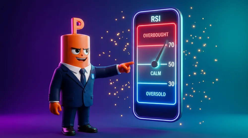 Orange Put in a navy suit points to a vertical RSI gauge with a red overbought band above 70, a blue oversold band below 30, and a calm zone at 50