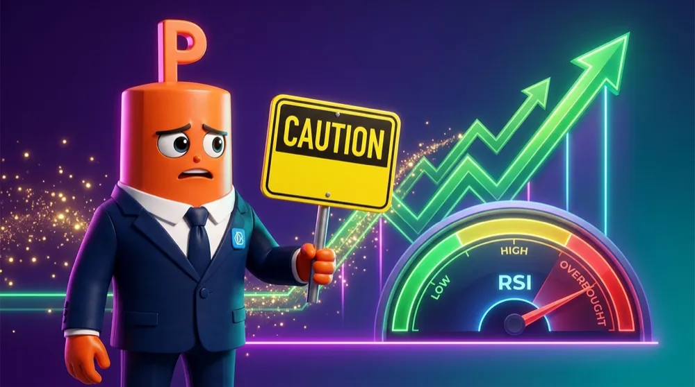 Orange Put in a navy suit holds up a caution sign as a strong green rally keeps climbing even while the RSI needle stays buried in the red overbought zone