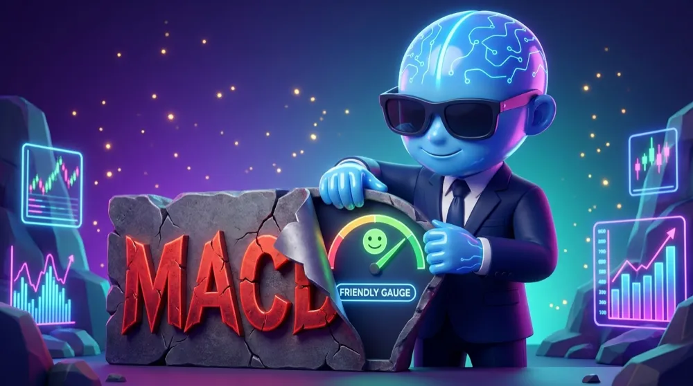 The blue AI Mentor in a navy suit peels back a scary MACD nameplate to reveal a simple friendly gauge underneath on Chart Cove