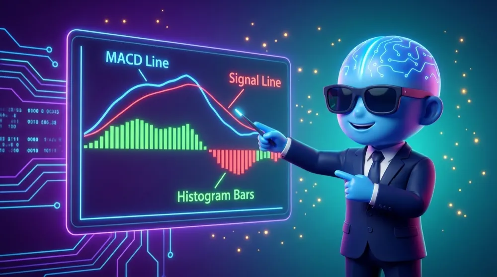 The blue AI Mentor in a navy suit labels the three parts of a MACD panel — the MACD line, the signal line, and the green-and-red histogram bars