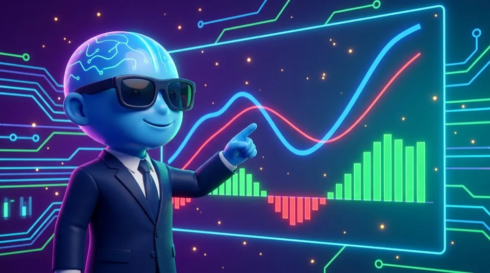 The blue AI Mentor in a navy suit points to the MACD line crossing up through the signal line as the histogram bars flip from red below zero to green above