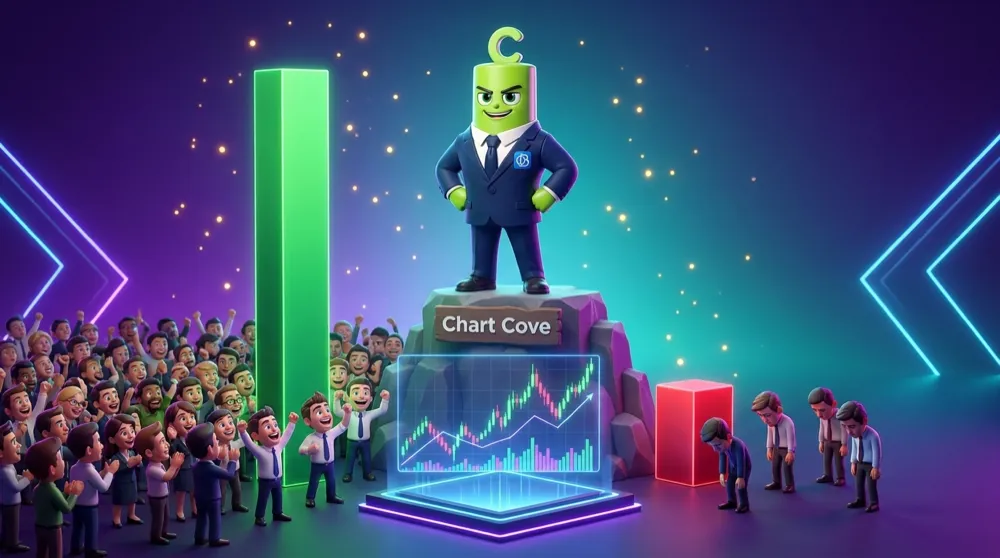 Green Call in a navy suit stands over a chart with a big crowd of traders beneath a tall volume bar and a lonely few beneath a short one on Chart Cove