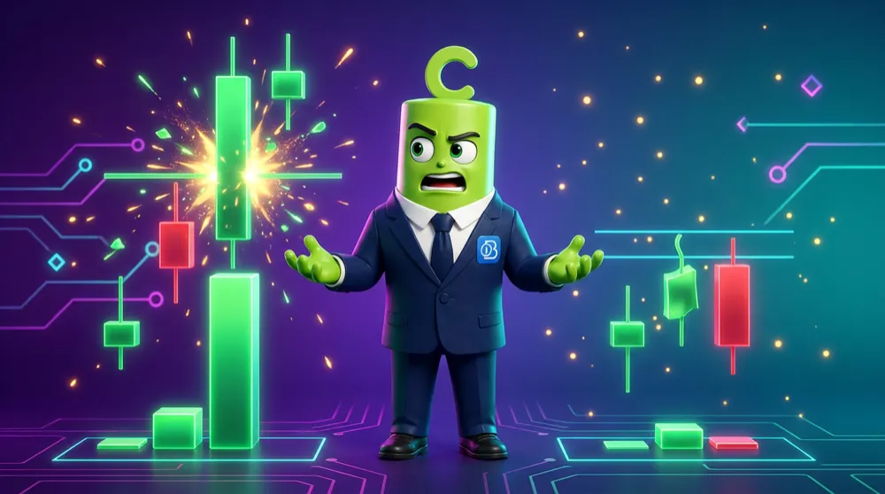Green Call in a navy suit compares two breakouts — one blasting through resistance on a huge volume bar, one limping through on a tiny bar and reversing
