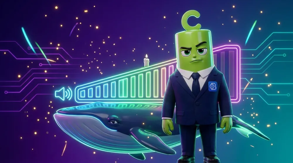 Green Call in a navy suit raises an eyebrow at a giant volume bar sitting under a tiny motionless candle, a hidden whale absorbing the pressure