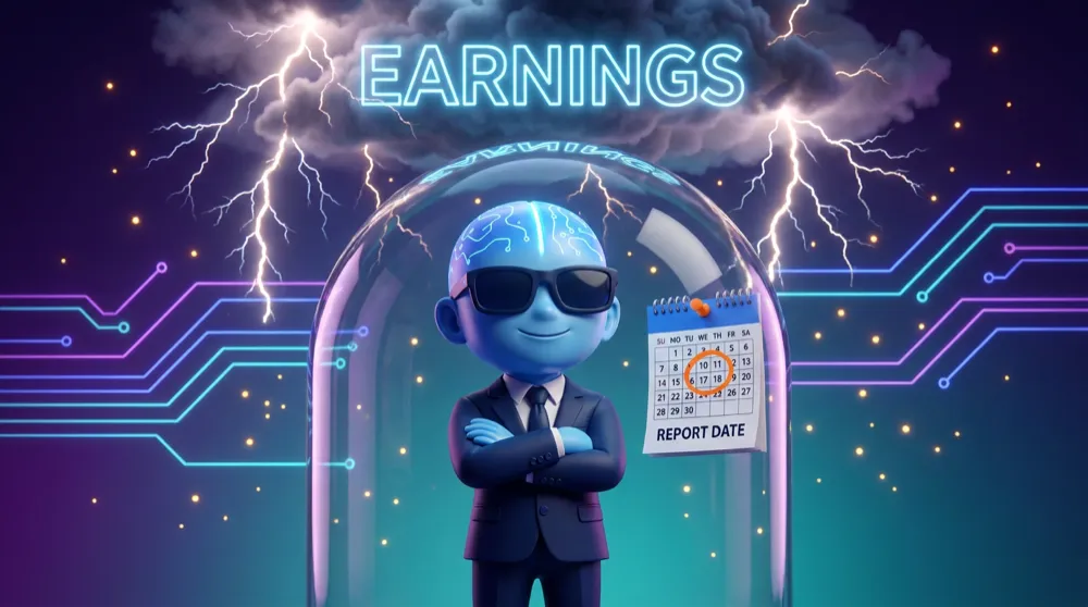 The blue AI Mentor standing calmly under a glass dome as a lightning storm labelled EARNINGS rages overhead, a calendar page pinned to the dome showing the report date circled in orange
