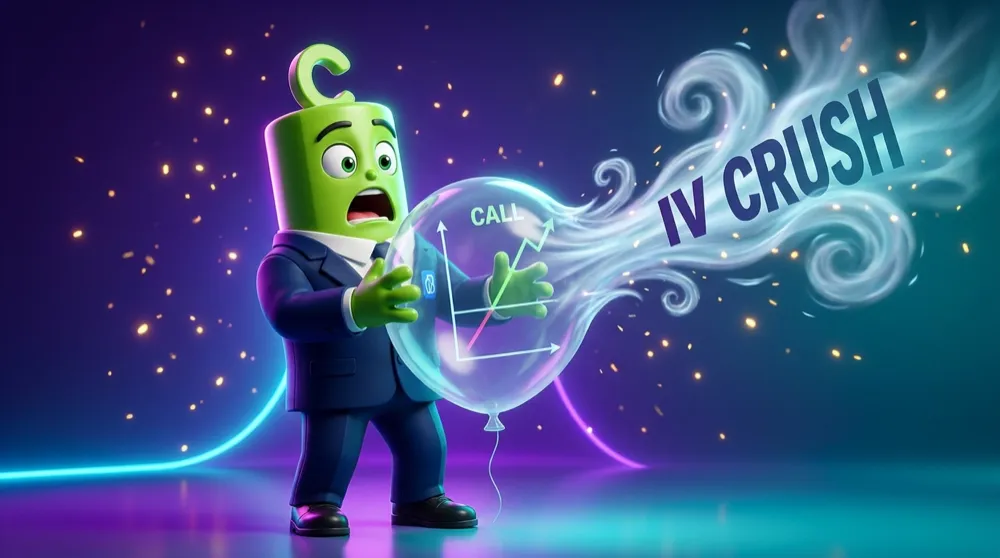 The green call mascot in a navy suit clutching a rapidly deflating balloon shaped like a call option, a shocked expression on his face as air whooshes out labelled IV CRUSH