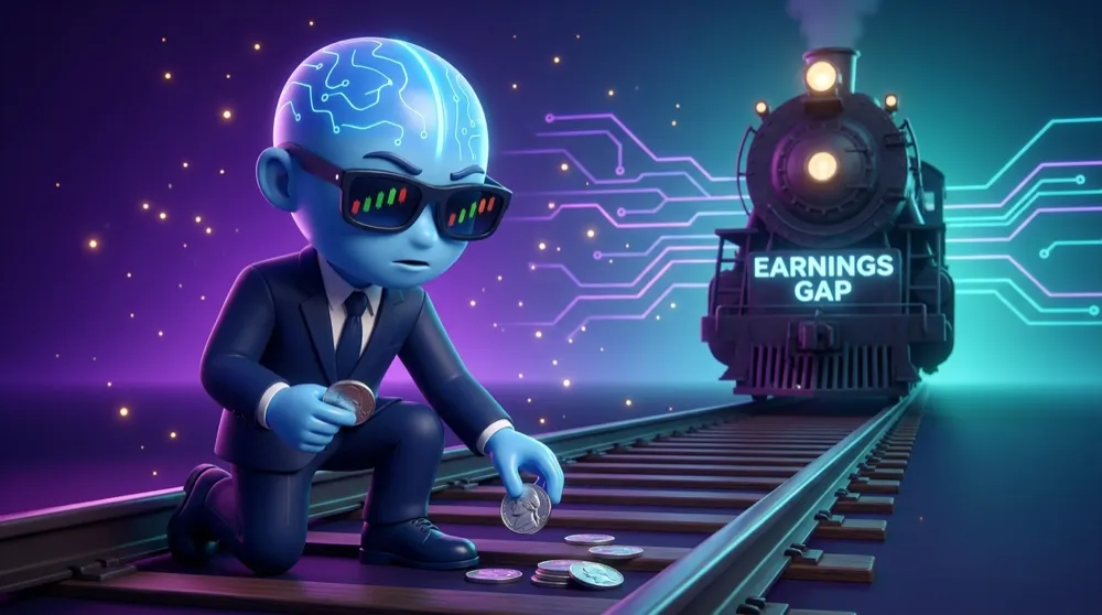 The blue AI Mentor calmly picking up shiny nickels off a railway track while a distant train labelled EARNINGS GAP looms on the horizon, one eyebrow raised in caution
