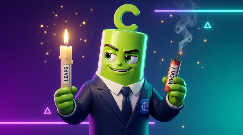 The green call mascot in a navy suit holding a tall slow-burning candle labelled LEAPS in one hand and a spent firecracker labelled WEEKLY in the other, comparing the two with a knowing grin