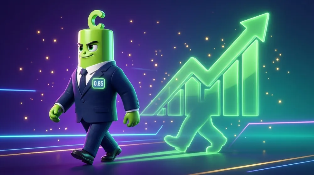 The green call mascot walking hip-to-hip beside a giant translucent shadow of a rising stock chart, the two moving in perfect step, a glowing 0.85 badge on his lapel