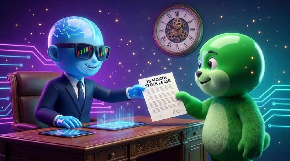 The blue AI Mentor handing a call mascot a lease document titled 18-MONTH STOCK LEASE across a desk, a wall clock ticking softly in the background