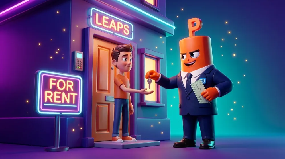 The orange-handed put mascot in a navy suit acting as a landlord, subleasing a small apartment labelled LEAPS to a tenant and pocketing a rent check, a For Rent sign glowing nearby