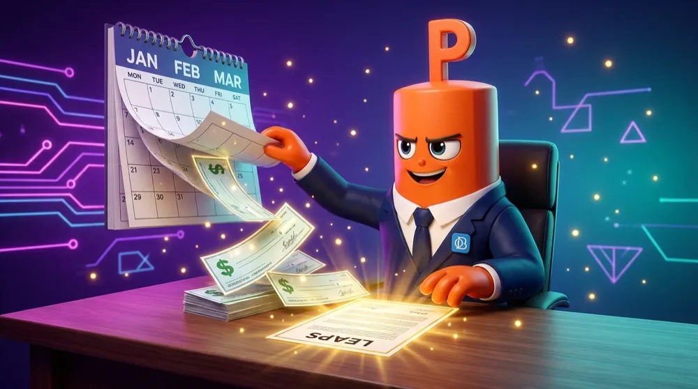 The put mascot flipping calendar pages as a fresh premium check drops in each month, a single glowing LEAPS contract sitting steadily on the desk beneath them all