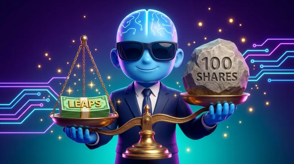 The blue AI Mentor holding a balance scale, a small stack of cash labelled LEAPS on one side easily lifting a huge boulder labelled 100 SHARES on the other, illustrating capital efficiency