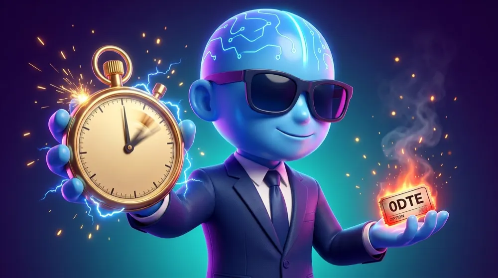 The blue AI Mentor gripping a giant stopwatch whose hand is a blur, sparks flying off a tiny option contract labelled 0DTE that is glowing red-hot in his other palm