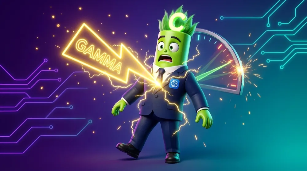 The green call mascot in a navy suit jolted upright by a lightning bolt labelled GAMMA striking right at the strike price, his hair standing on end, a delta gauge behind him swinging violently