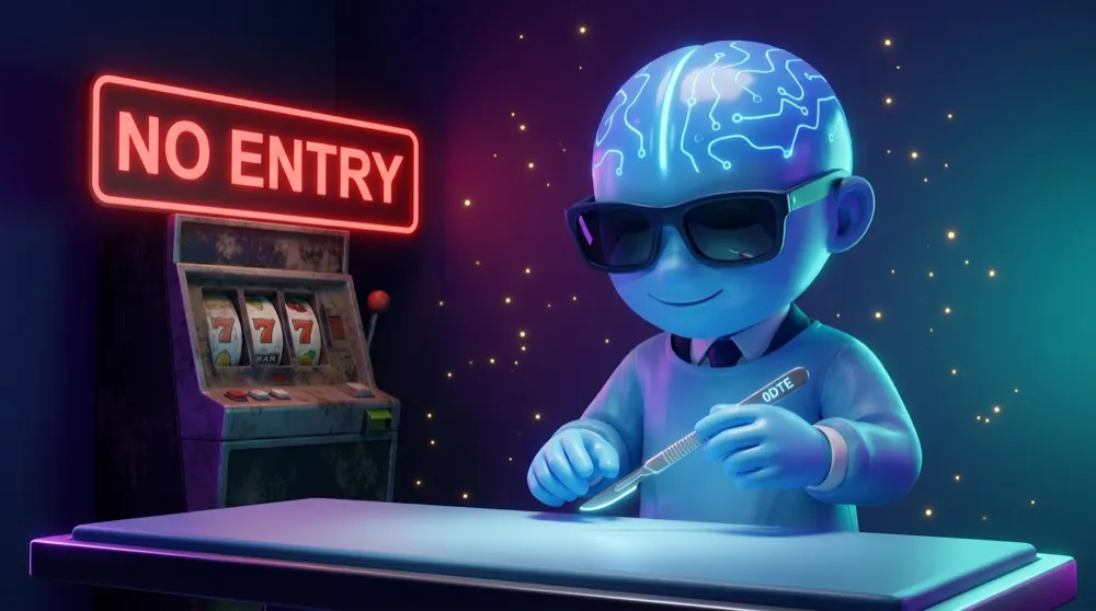 The blue AI Mentor in surgical scrubs holding a precise glowing scalpel labelled 0DTE steadily over a table, a dusty slot machine shoved away in the corner behind a red no-entry sign