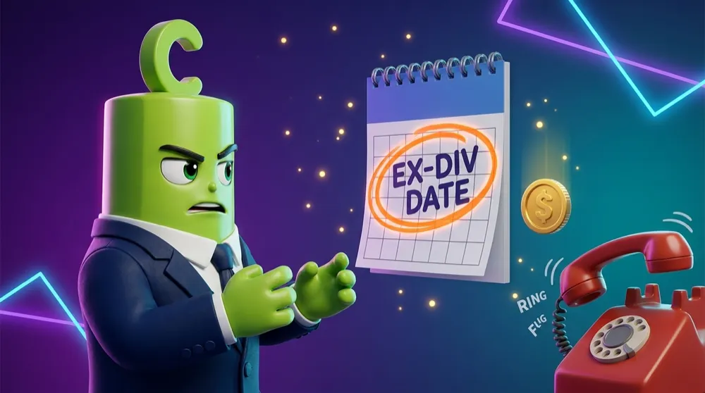 The green call mascot in a navy suit staring warily at a wall calendar with EX-DIV DATE circled in orange, a cash coin icon dropping beside it and a red phone starting to ring