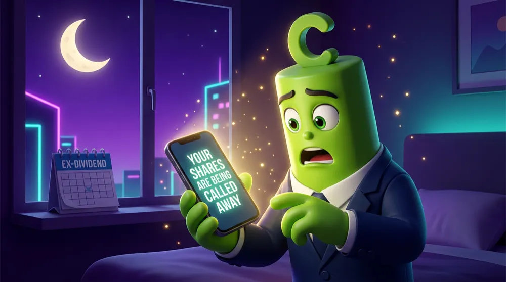 The call mascot woken at night by a glowing phone showing the message YOUR SHARES ARE BEING CALLED AWAY, a moon and ex-dividend calendar visible through the window behind him