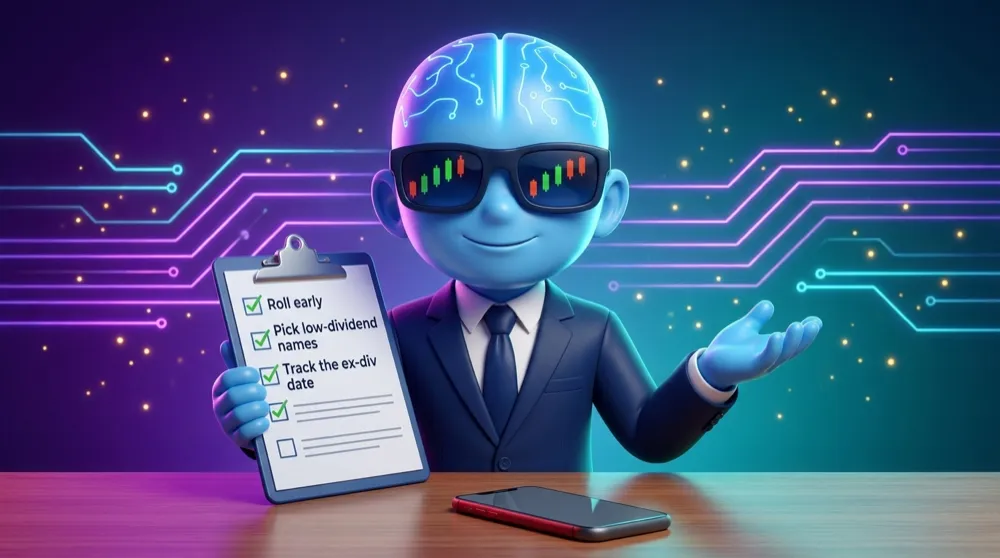 The blue AI Mentor calmly shrugging with a checklist that reads Roll early, Pick low-dividend names, Track the ex-div date, the red warning phone now switched off on the desk