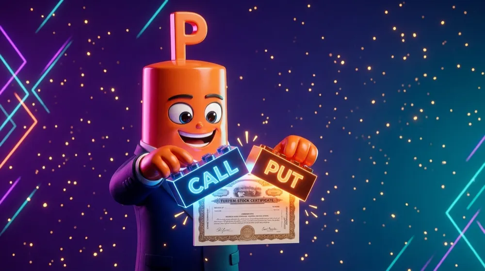 The orange-handed put mascot in a navy suit clicking together two glowing LEGO bricks labelled CALL and PUT to build a small model of a stock certificate, a delighted grin on his face