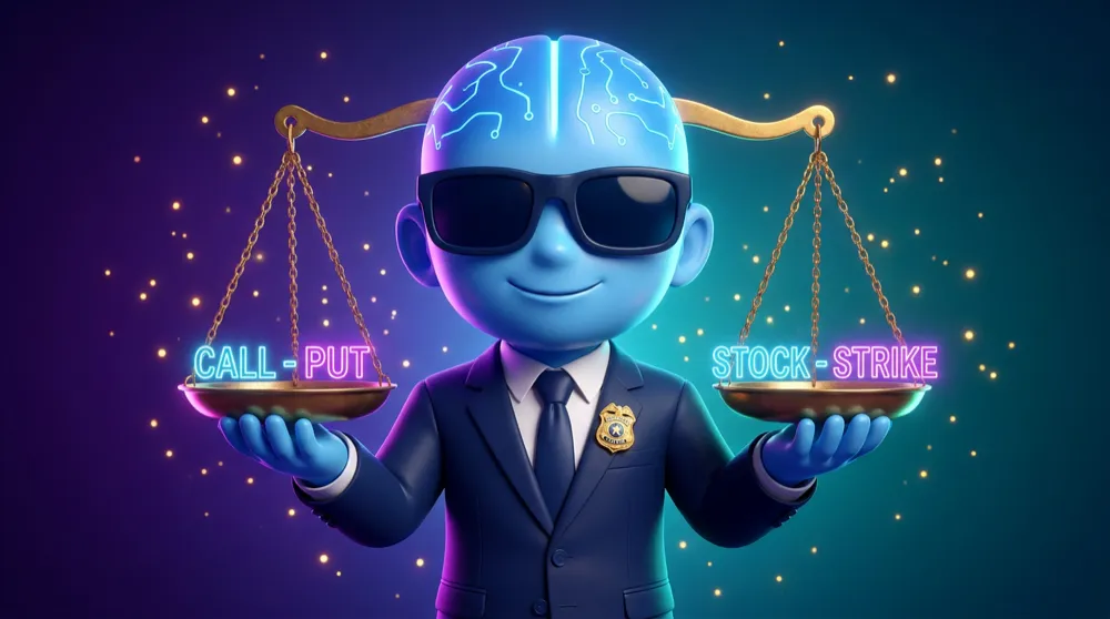 The blue AI Mentor holding a perfectly balanced scale, CALL minus PUT on one pan and STOCK minus STRIKE on the other, a tiny arbitrage-police badge pinned to his chest