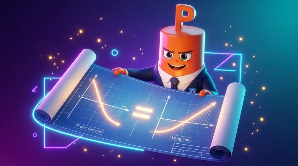 The put mascot proudly unrolling a blueprint that shows a protective put and a long call side by side with an equals sign glowing between them, identical payoff curves drawn on each