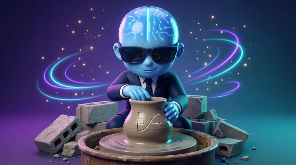 The blue AI Mentor at a potter’s wheel, calmly reshaping a spinning lump of clay stamped with an option-payoff curve, leftover concrete blocks pushed aside behind him