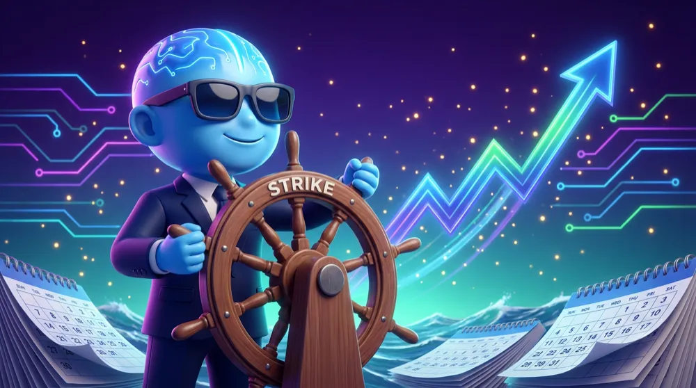 The blue AI Mentor gripping a ship’s steering wheel labelled STRIKE, turning it to follow a stock price arrow that curves upward across the horizon, calendar pages fanning out ahead like open sea