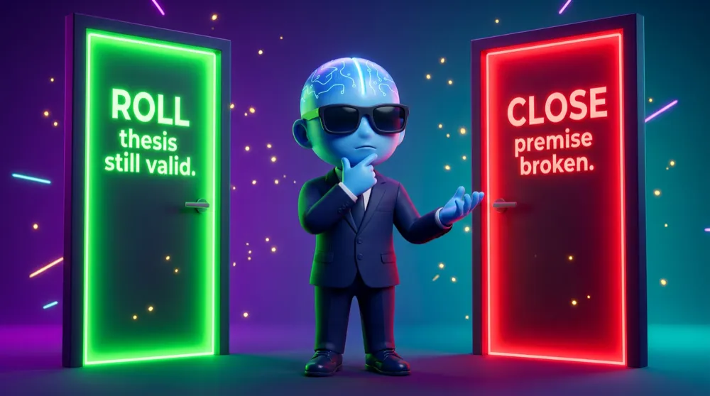 The blue AI Mentor standing between two doors, one glowing green labelled ROLL — thesis still valid and one red labelled CLOSE — premise broken, weighing which to open with a thoughtful hand on his chin