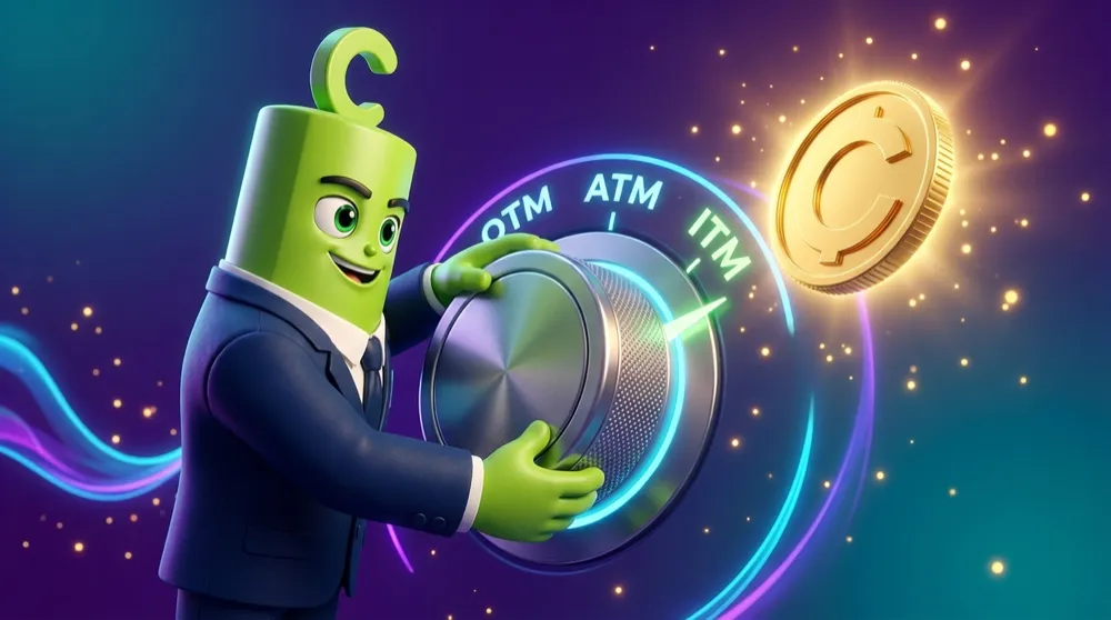 The green call mascot turning a big dial labelled OTM, ATM and ITM, watching an option glow brighter as the needle climbs