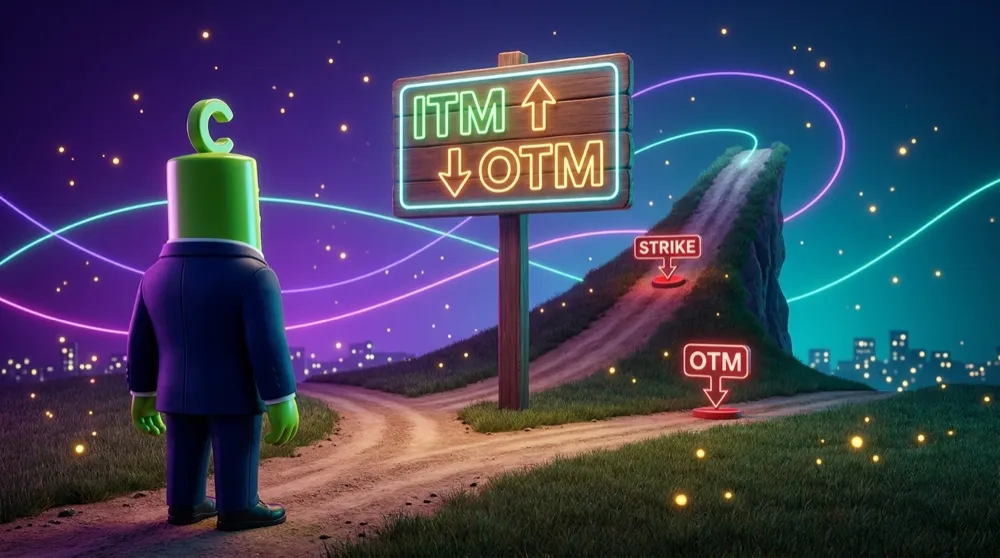 The green call mascot standing at a road sign where the ITM path points uphill above the strike and the OTM path slopes downhill below it