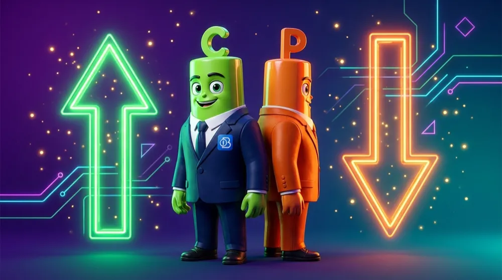 The green call mascot and orange put mascot back to back facing opposite arrows, one pointing up and one pointing down, mirroring each other