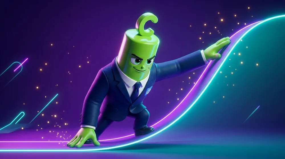 The green call mascot tracing a glowing hockey-stick payoff curve, one hand on the flat loss floor and one on the rising profit slope